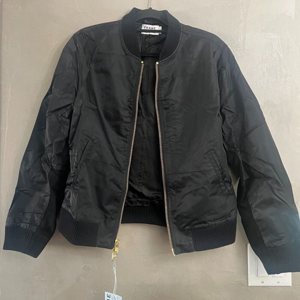 Frame Bomber Jacket Black Gold Zipper Medium NEW